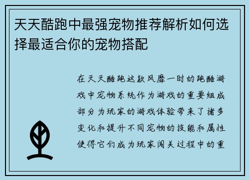 天天酷跑中最强宠物推荐解析如何选择最适合你的宠物搭配